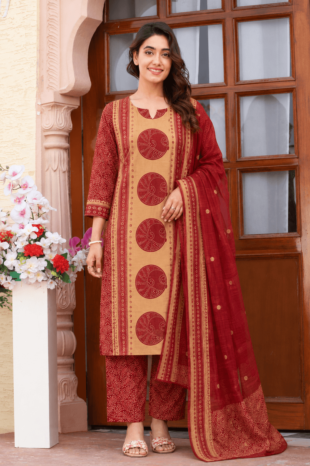 Women's Maroon and Beige Pure Cotton Bandhani Printed Kurta Pant Set with Dupatta – 3-Piece Traditional Paneled Straight Suit Set