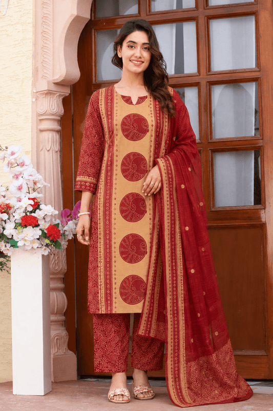 Women's Maroon and Beige Pure Cotton Bandhani Printed Kurta Pant Set with Dupatta – 3-Piece Traditional Paneled Straight Suit Set