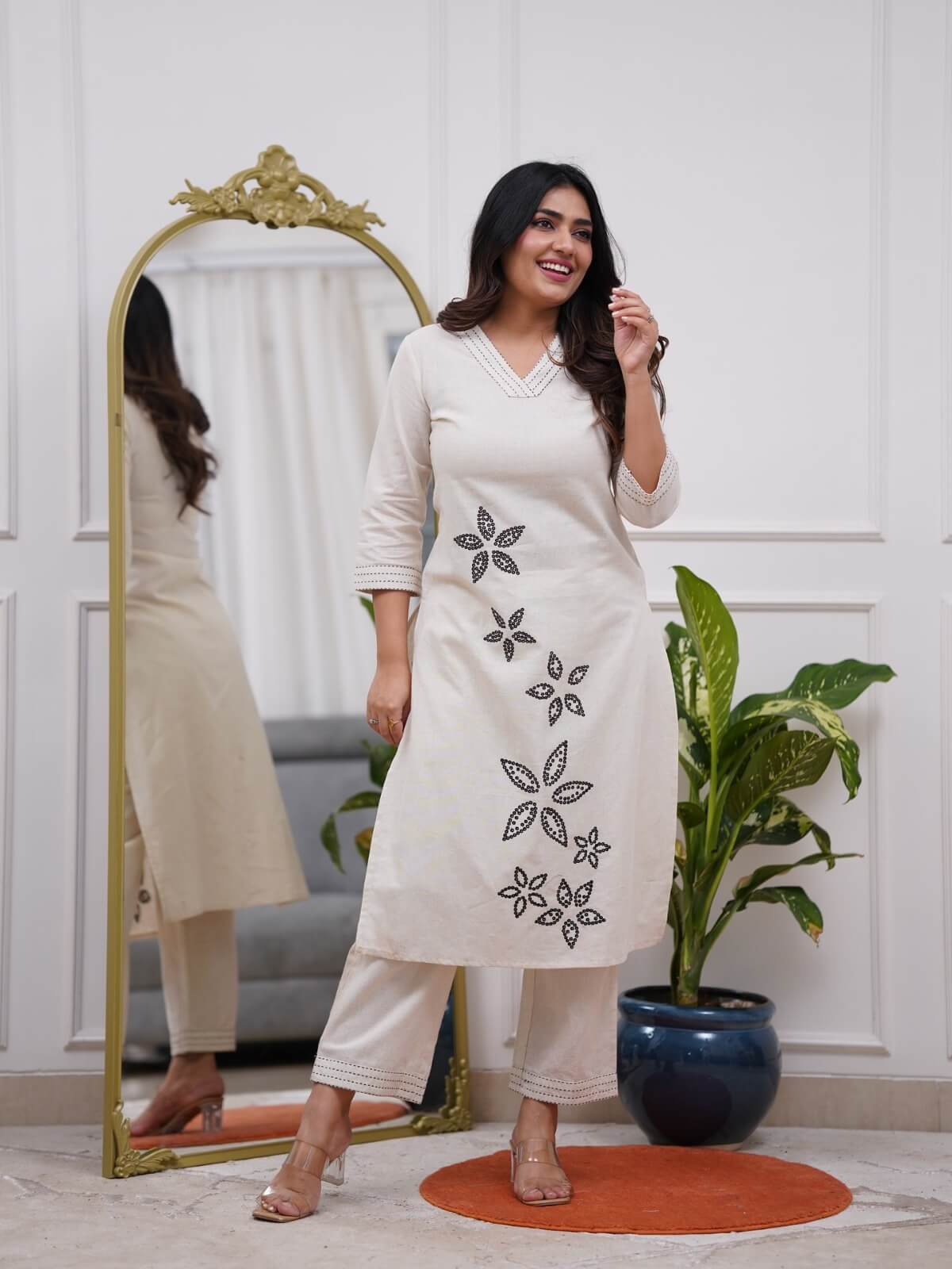 Off-White Cotton Straight Kurta Set with Black Floral Embroidery & Trousers