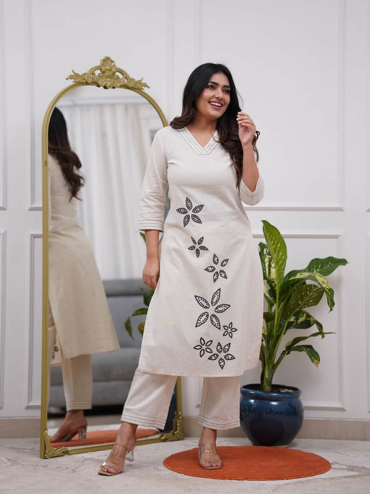 Off-White Cotton Straight Kurta Set with Black Floral Embroidery & Trousers