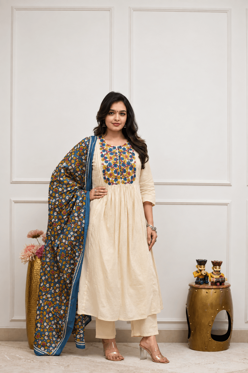 Off-White Cotton Gathered Anarkali Kurta Set with Embroidered Yoke & Printed Dupatta