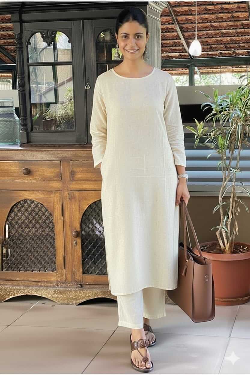 Women's Solid Off-White Cotton Linen Straight Kurta Pant Set – 2-Piece Minimalist Breathable Co-ord Set for Office and Daily Wear