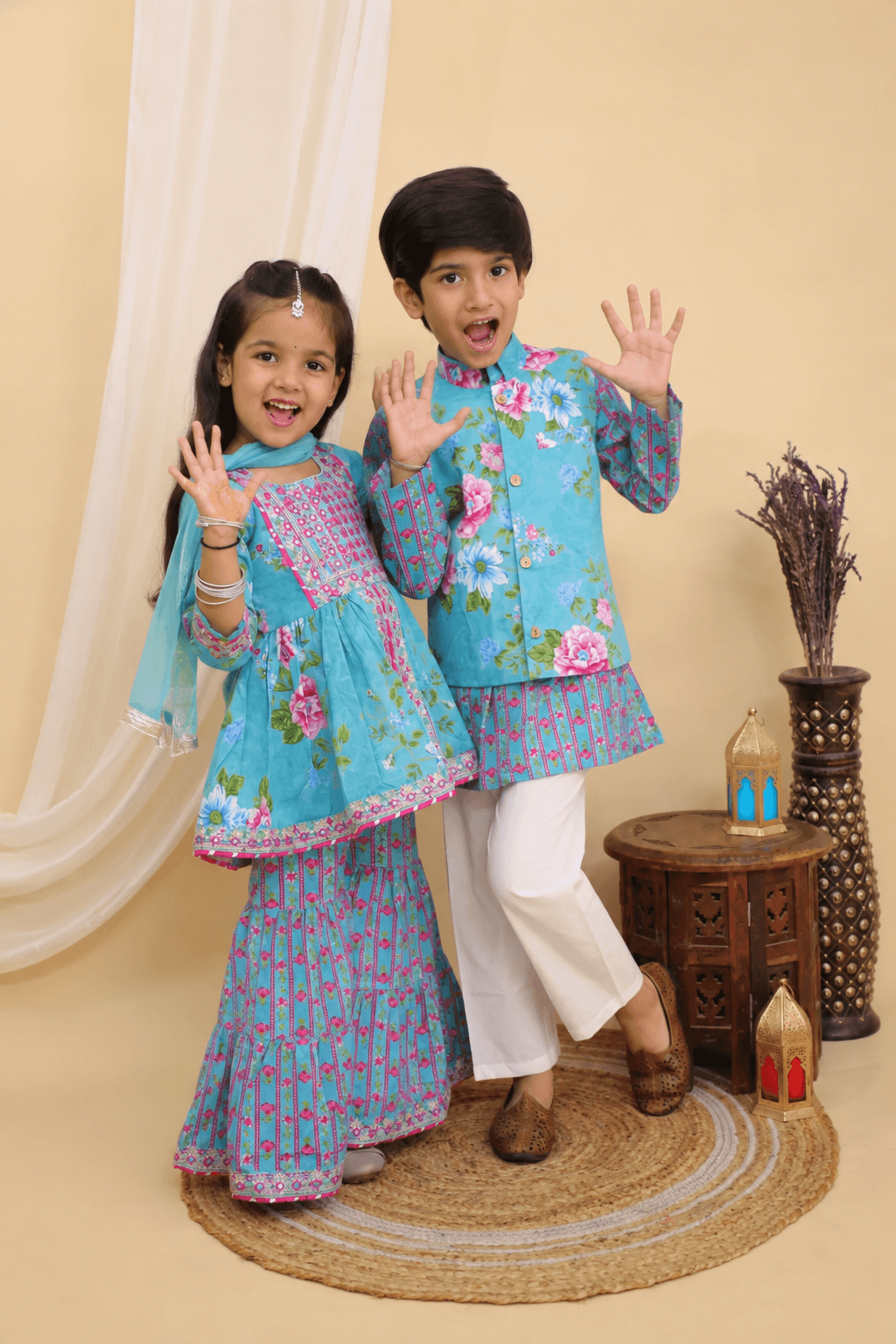 Baby Blue Jaipuri Sibling Set for Kids – Festive Ethnic Wear