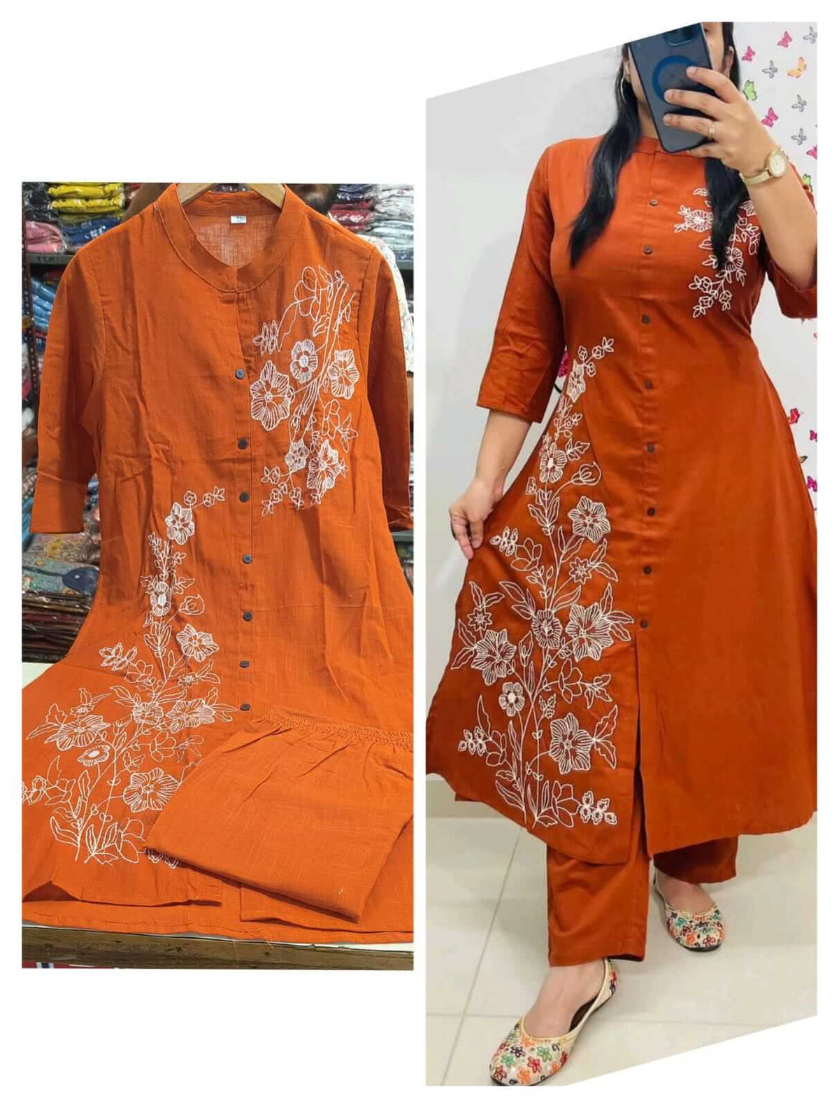 Rust Orange Floral Embroidered Straight Kurta with Trousers