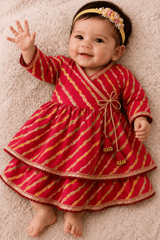 Baby Girls Pink Leheriya Print Angrakha Festive Dress | Infant Traditional Layered Cotton Frock with Tassels