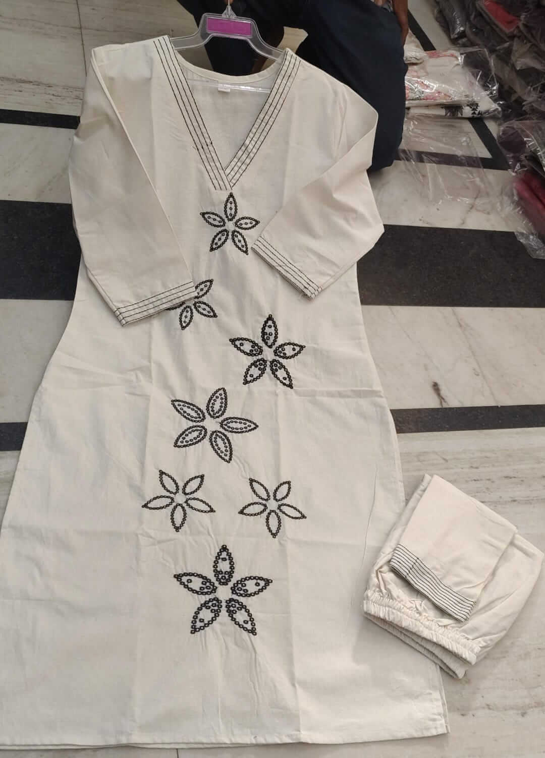 Off-White Cotton Straight Kurta Set with Black Floral Embroidery & Trousers