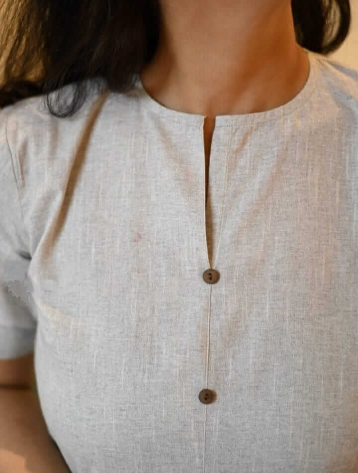 Women's Off-White Khadi Cotton Embroidered A-Line Kurti Dress – Handloom Button-Down Knee Length Indo-Western Midi Dress with Pocket