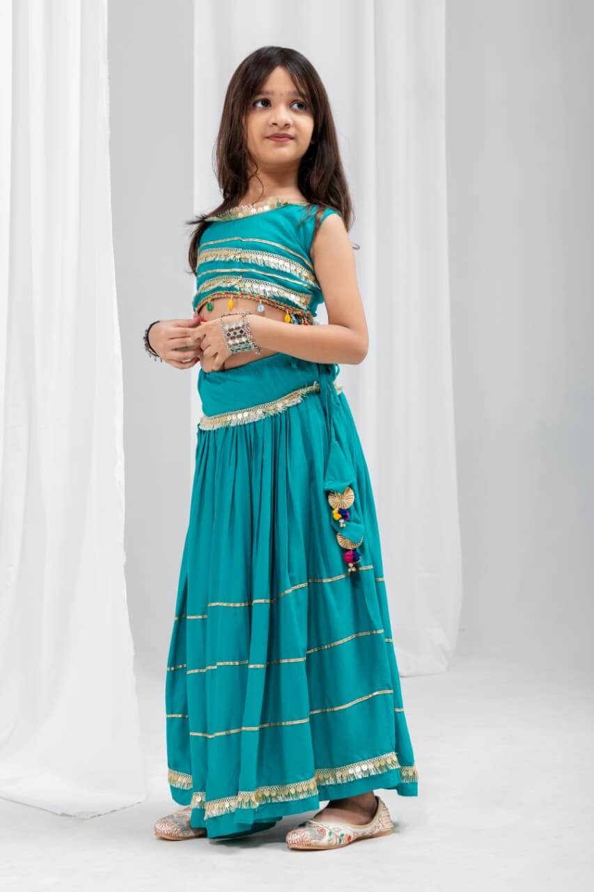Girls Navratri Special Teal Blue Cotton Lehenga Choli Set with Coin Fringe & Kamarbelt