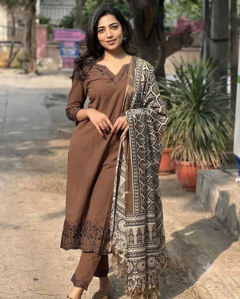 Chestnut Brown Cotton Block Printed Straight Kurta Set with Dupatta