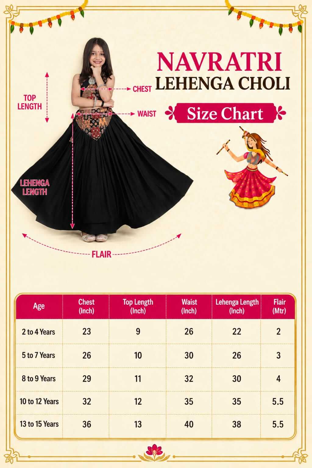 Girls Navratri Special Black Cotton Lehenga Choli Set with Traditional Print Yoke