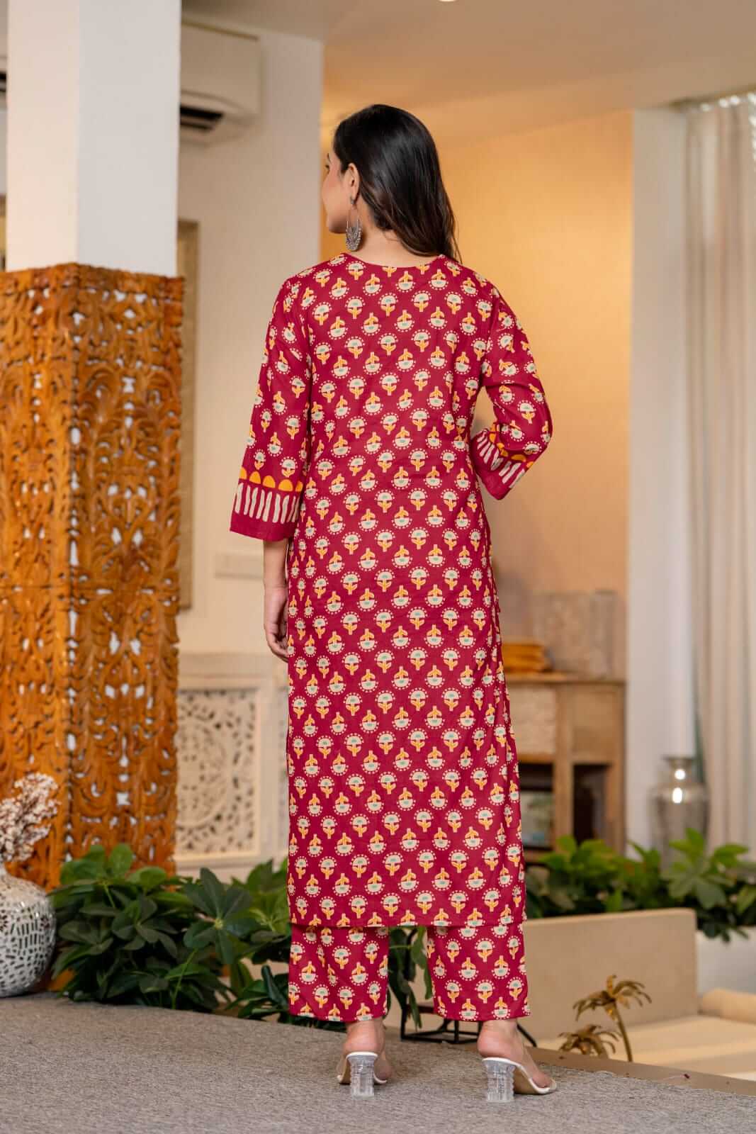Magenta Bloom: Festive Block-Print Cotton Suit Set with Geometric Yoke & Dupatta