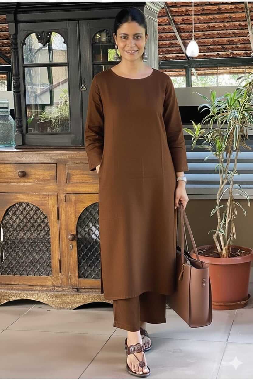 Women's Solid Coffee Brown Cotton Linen Straight Kurta Pant Set – 2-Piece Minimalist Breathable Co-ord Set for Office and Daily Wear