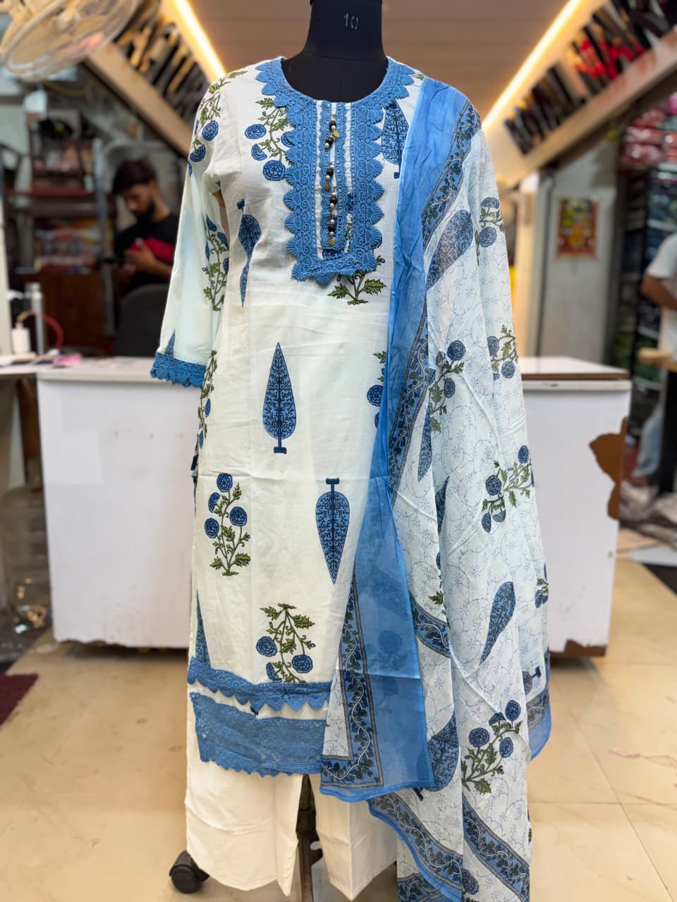 Women's White and Blue Pure Cotton Hand Block Print Kurta Pant Set with Dupatta – 3-Piece Traditional Sanganeri Straight Suit Set