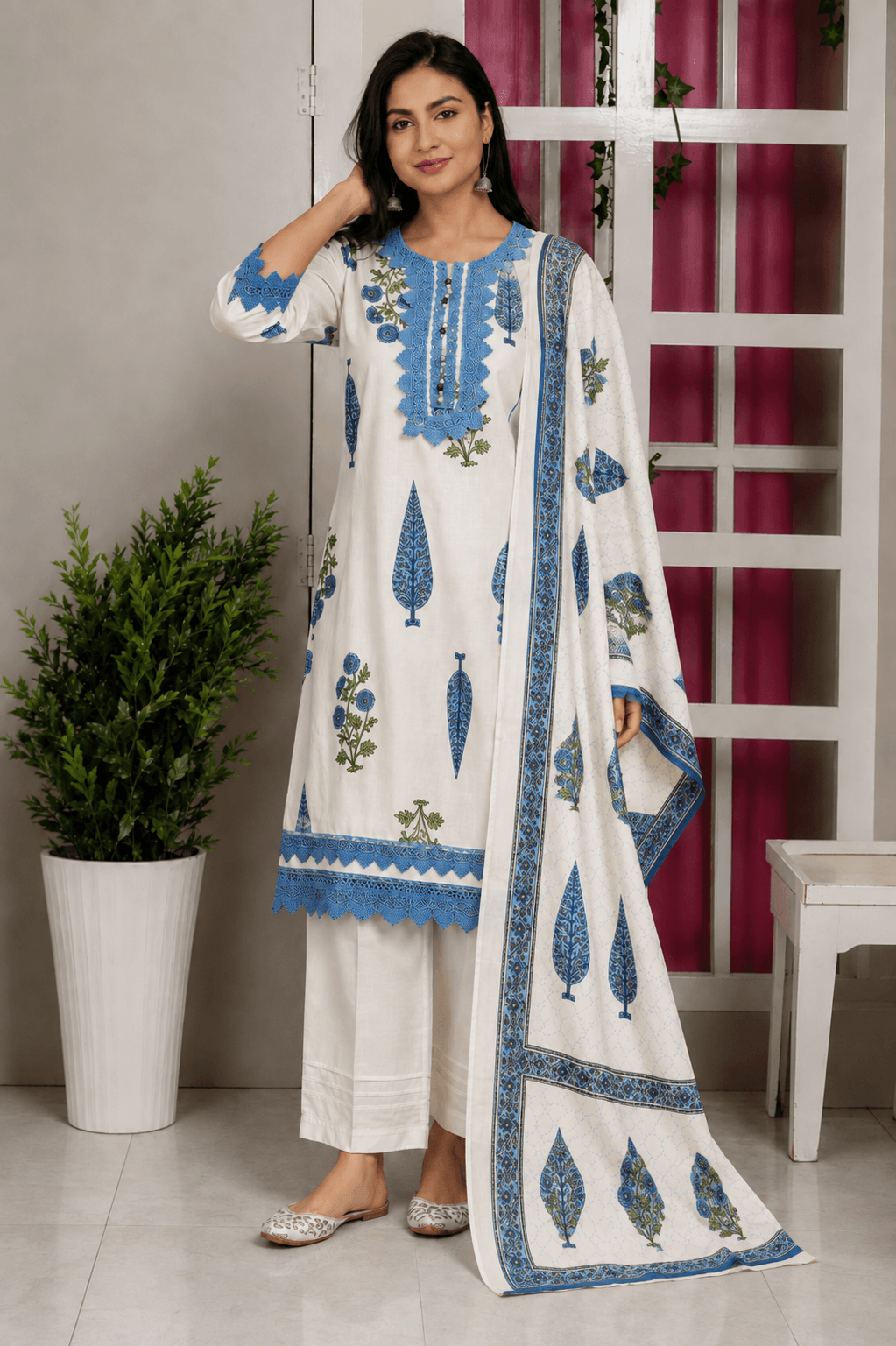 Women's White and Blue Pure Cotton Hand Block Print Kurta Pant Set with Dupatta – 3-Piece Traditional Sanganeri Straight Suit Set