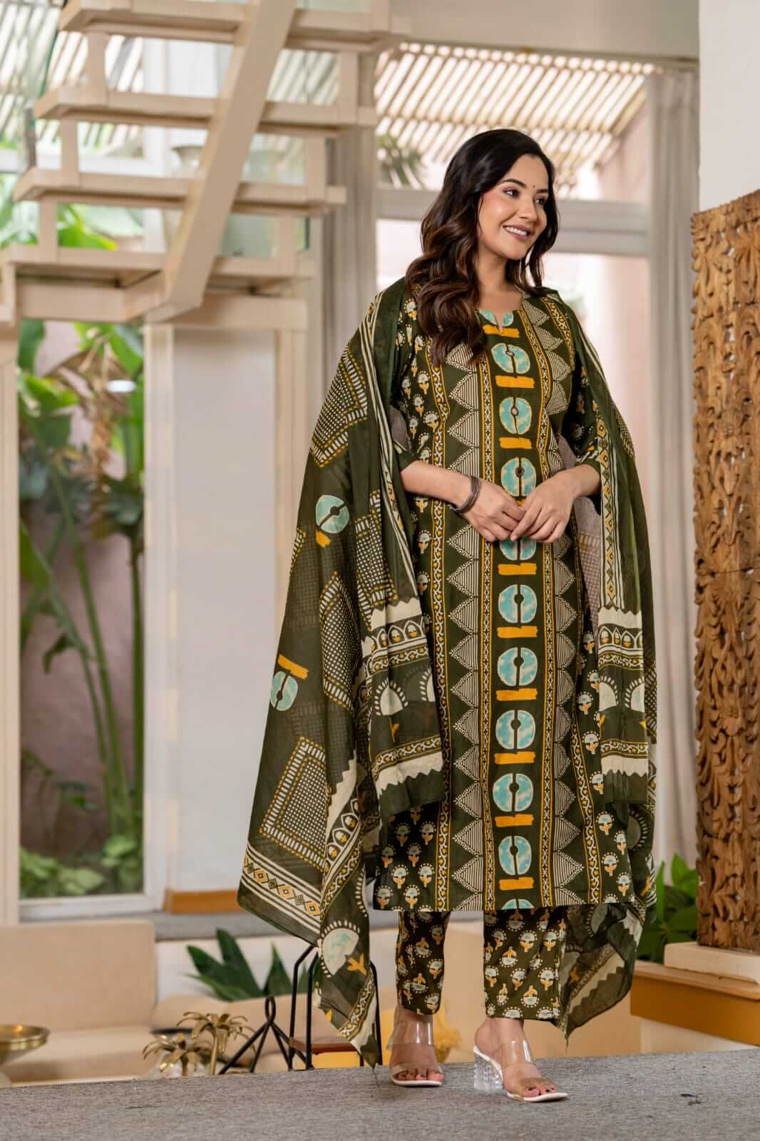 Olive Green Block Printed Cotton Kurta Set with Straight Pants & Matching Dupatta
