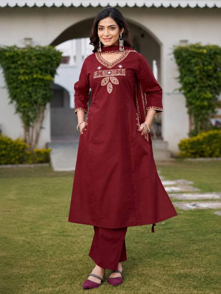 Women's Maroon Embroidered A-Line Kurta Pant Set with Dupatta – 3-Piece Wine Red Cotton Blend Flared Suit Set with Pockets