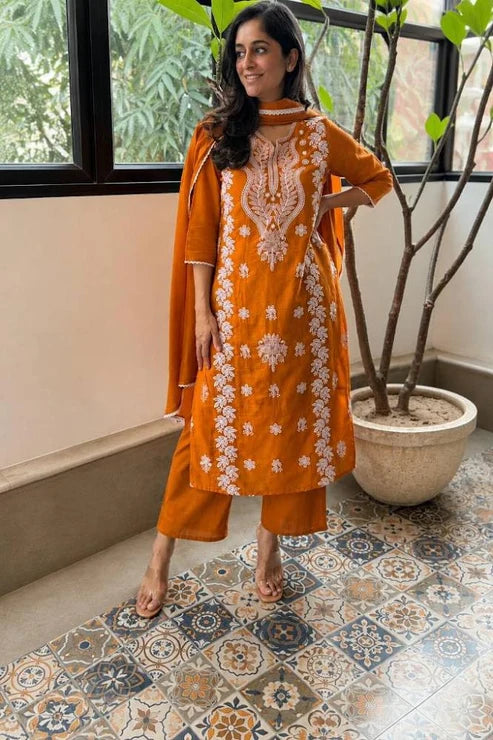 Women's Mustard Orange Embroidered Chikankari Kurta Pant Set with Dupatta – 3-Piece Cotton Mulmul Straight Lucknowi Suit Set