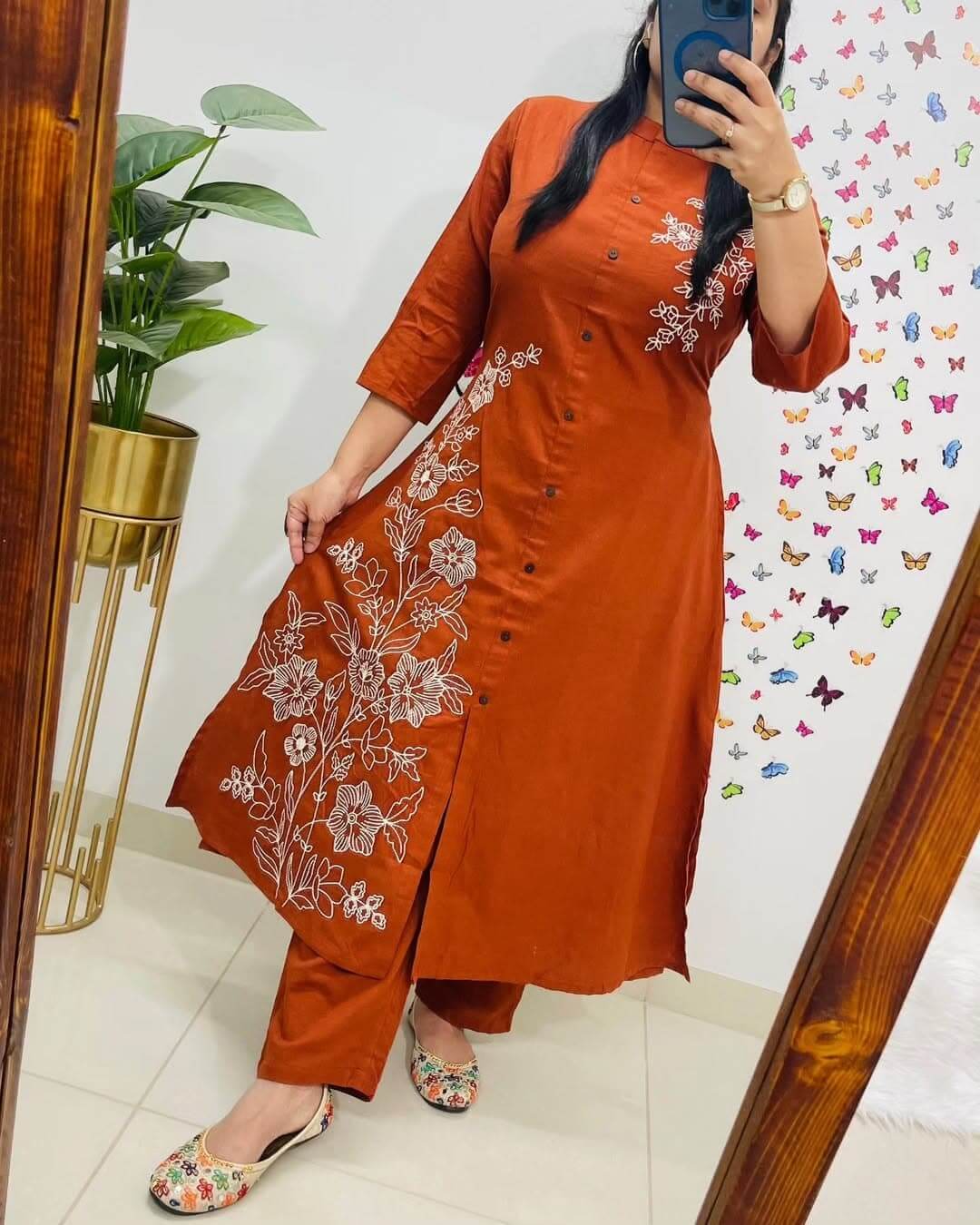 Rust Orange Floral Embroidered Straight Kurta with Trousers