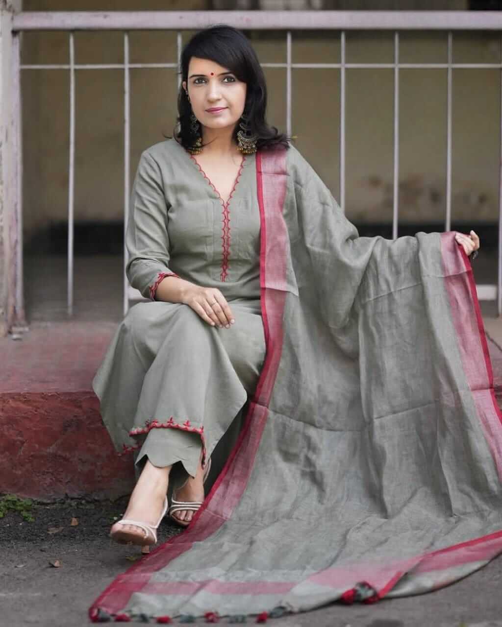 Sage Green Chanderi Silk Kurta Set with Scalloped Pants & Maroon Embroidered Dupatta