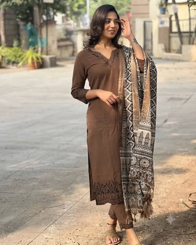 Chestnut Brown Cotton Block Printed Straight Kurta Set with Dupatta