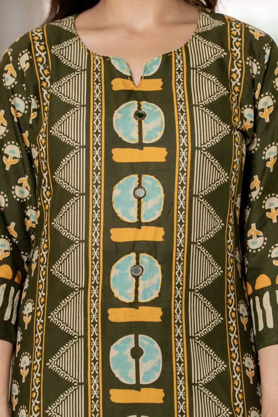 Olive Green Block Printed Cotton Kurta Set with Straight Pants & Matching Dupatta