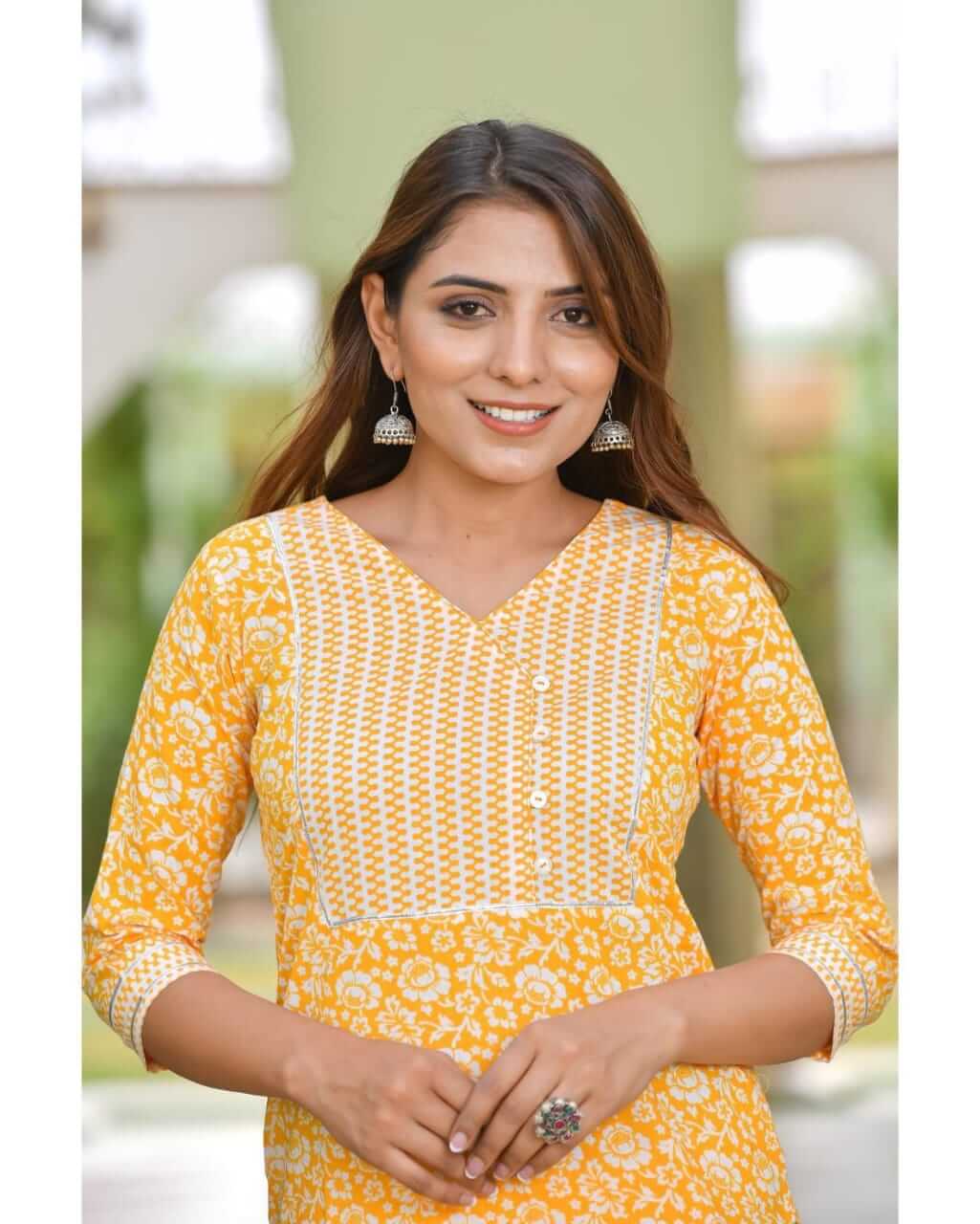 Women's Yellow Pure Cotton Floral Printed Straight Kurti Pant Set – 2-Piece Jaipuri Cotton Suit Set with Chevron Yoke and Lupi Buttons