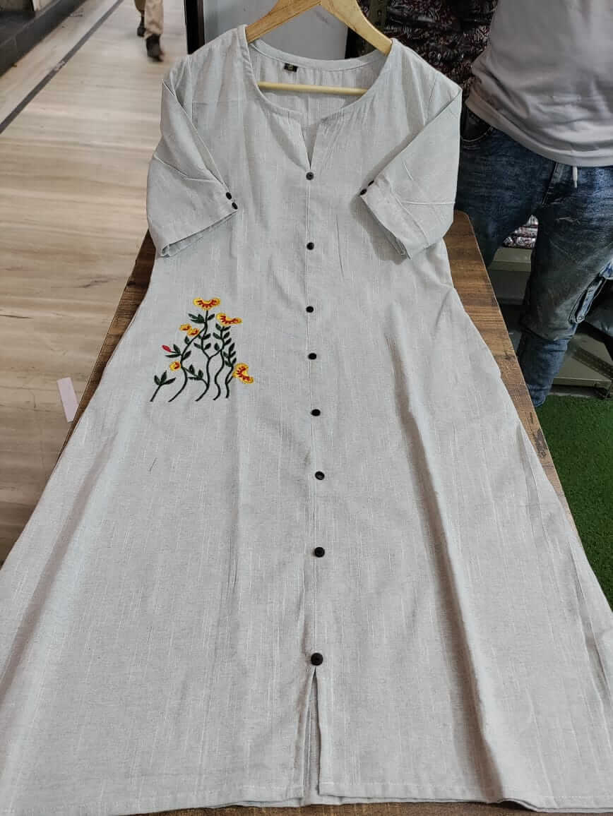 Women's Off-White Khadi Cotton Embroidered A-Line Kurti Dress – Handloom Button-Down Knee Length Indo-Western Midi Dress with Pocket