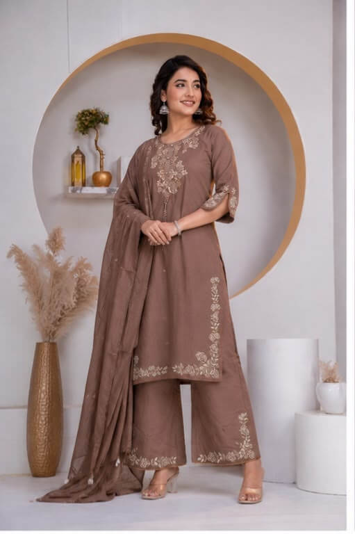 Taupe Brown Floral Embroidered Straight Kurta Set with Wide-Leg Pants & Dupatta