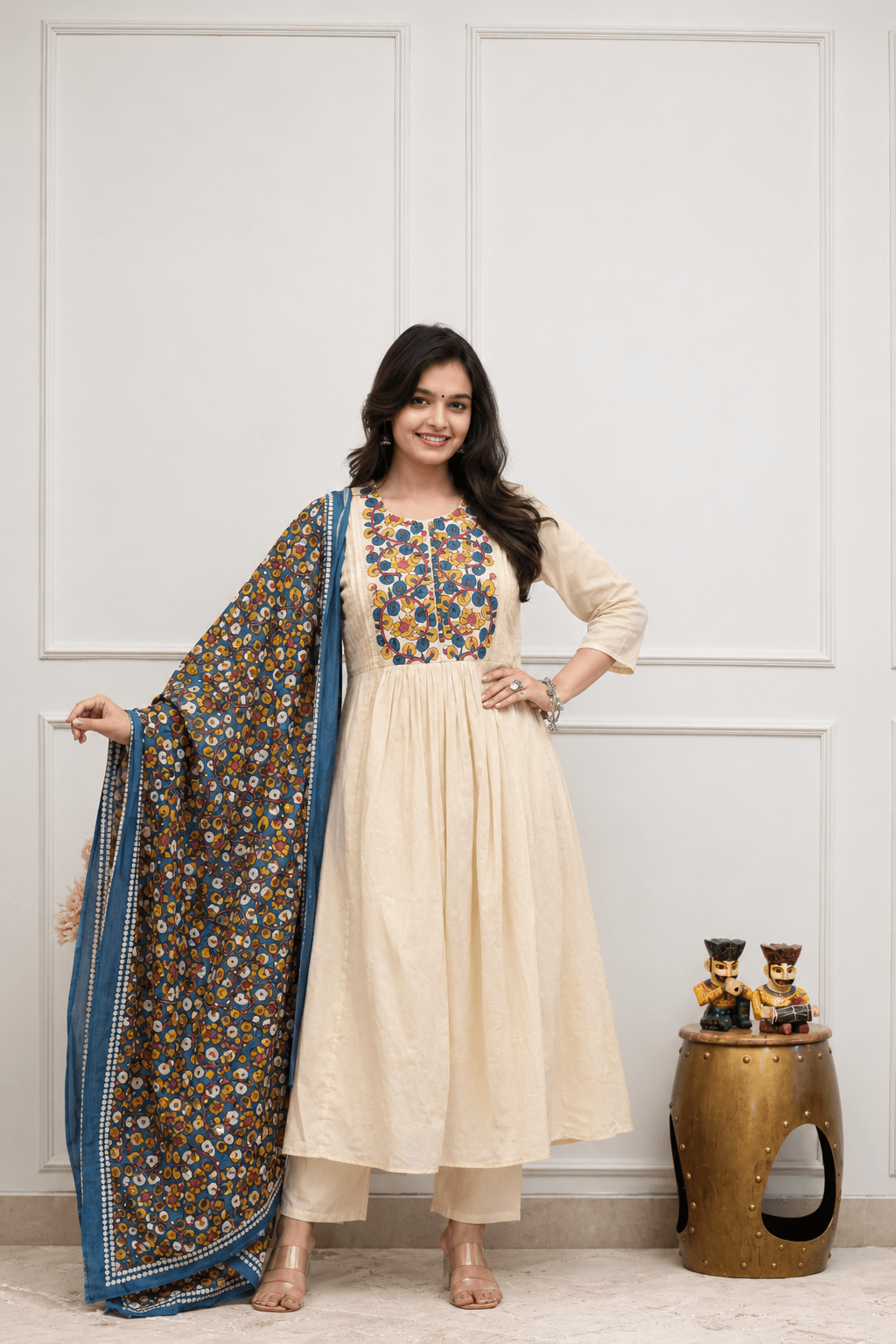 Off-White Cotton Gathered Anarkali Kurta Set with Embroidered Yoke & Printed Dupatta