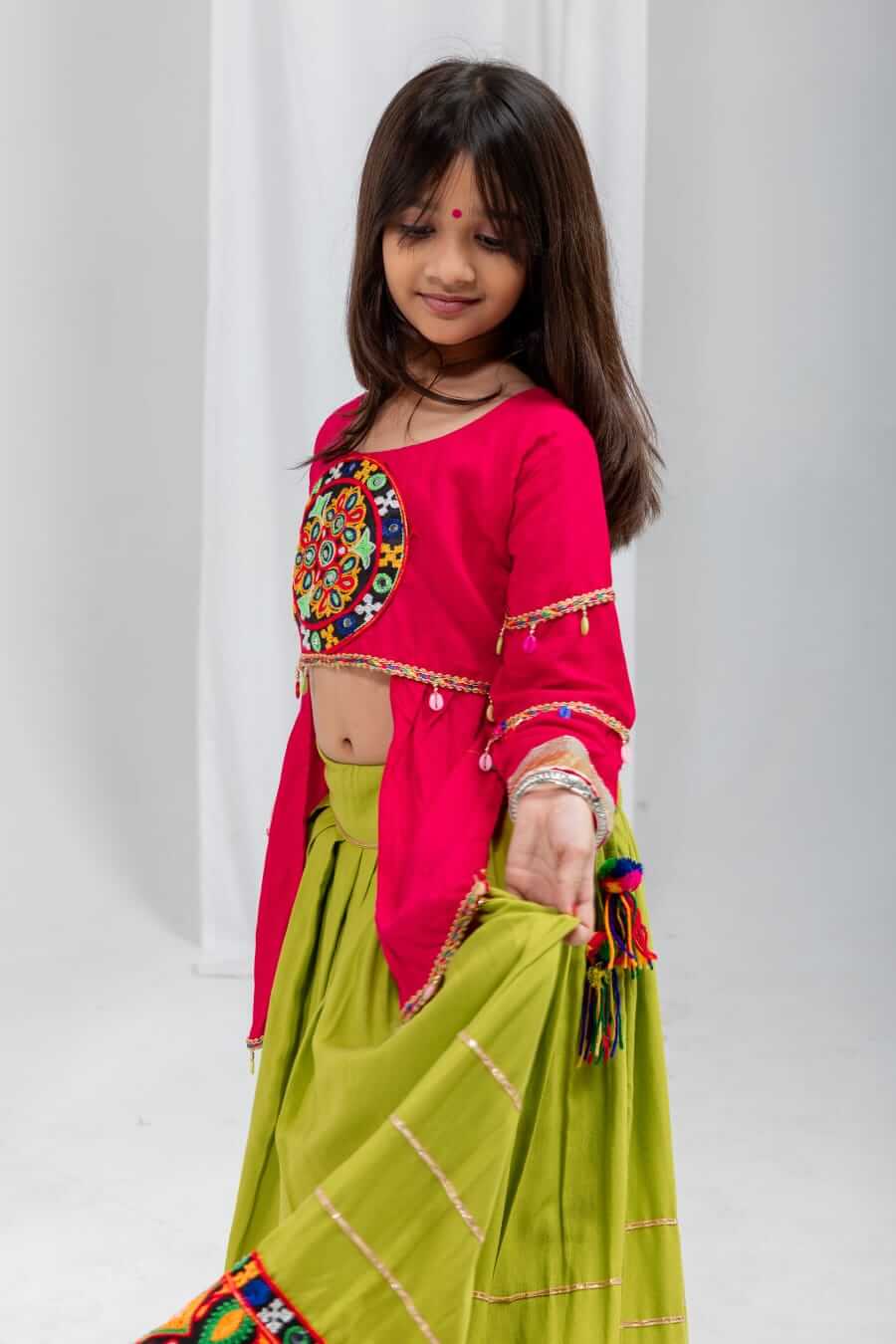 Girls Navratri Special Pink & Olive Green Cotton Lehenga Choli Set with Mirror Work