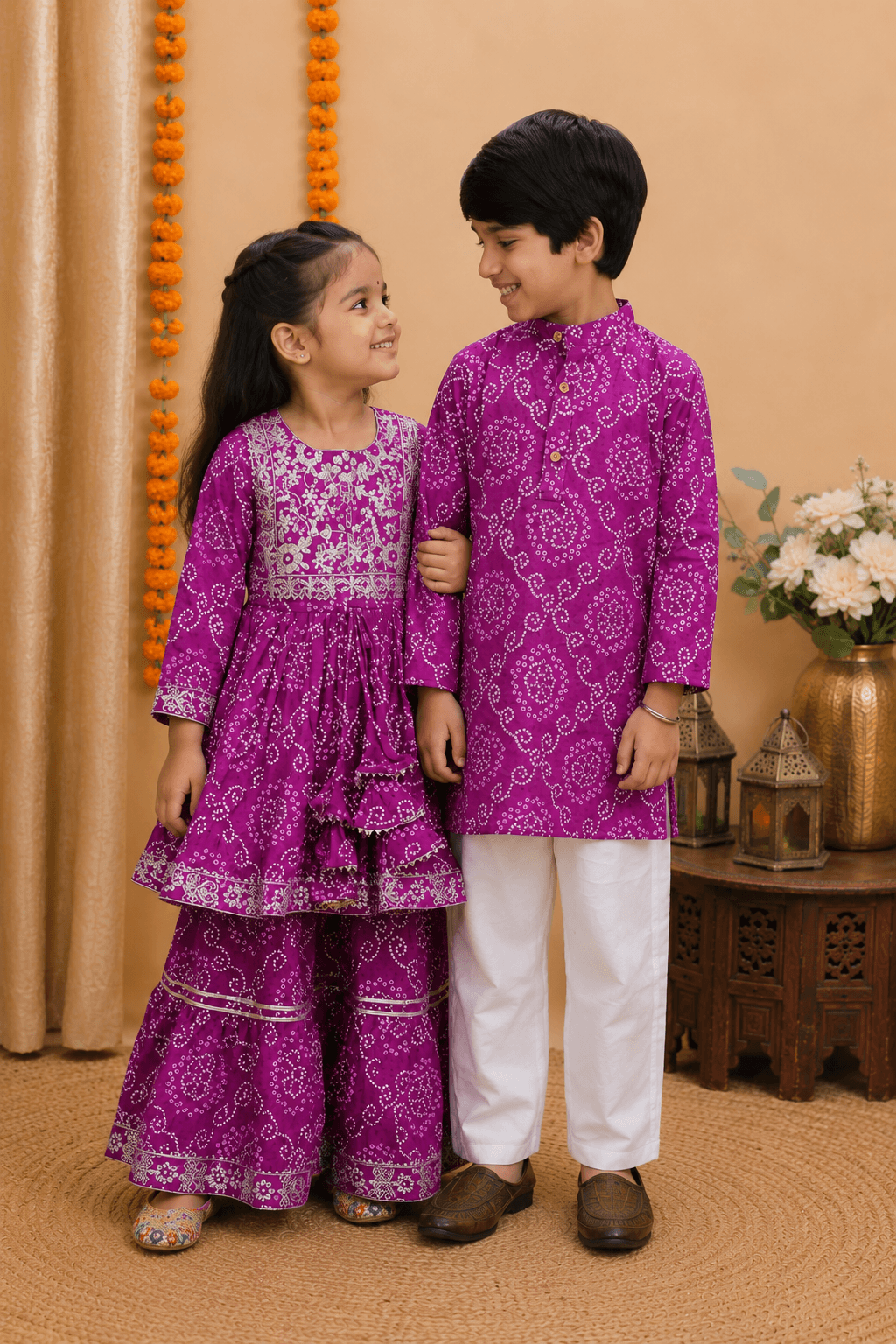 Purple Jaipuri Sibling Combo Set for Kids – Festive Ethnic Wear