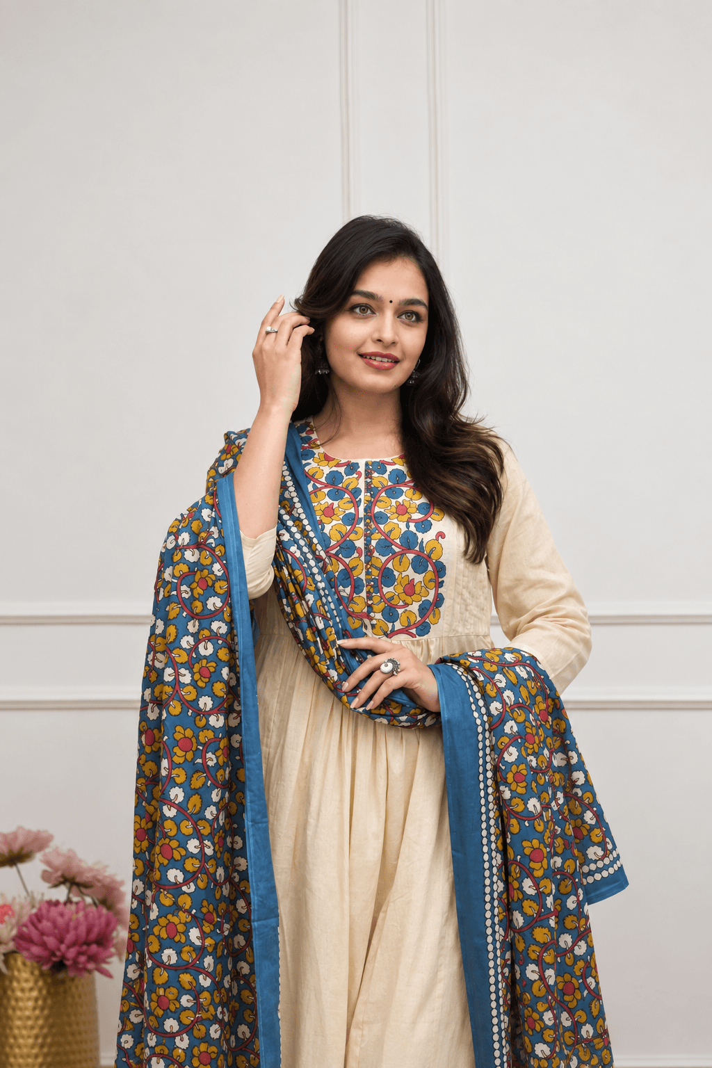 Off-White Cotton Gathered Anarkali Kurta Set with Embroidered Yoke & Printed Dupatta