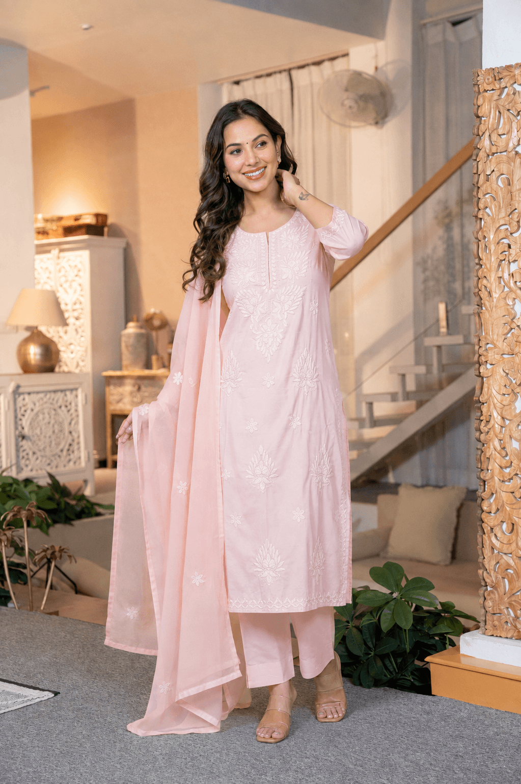 Women's Baby Pink Pure Cotton Embroidered Chikankari Kurta Pant Set with Dupatta – 3-Piece Blush Traditional Straight Suit Set