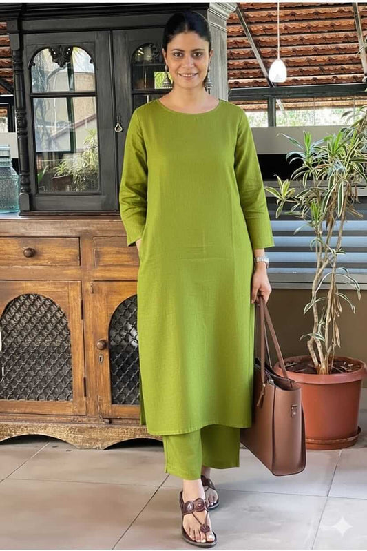 Women's Solid Olive Green Cotton Linen Straight Kurta Pant Set – 2-Piece Minimalist Breathable Co-ord Set for Office and Daily Wear