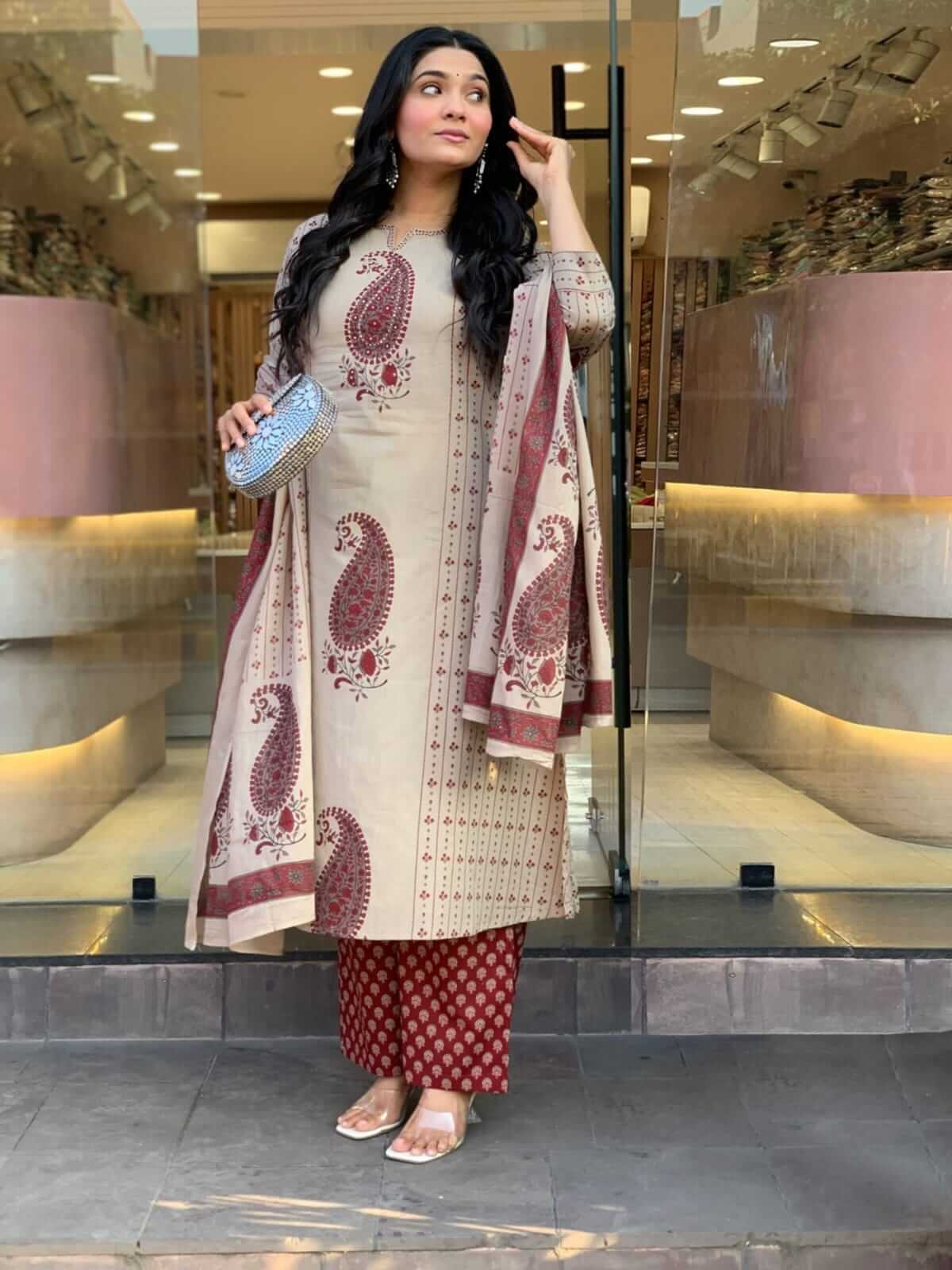 Beige & Maroon Paisley Block Printed Cotton Kurta Set with Palazzo & Dupatta