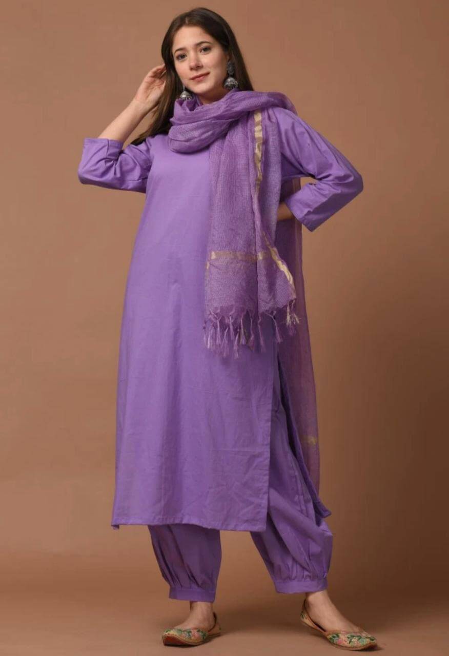 Women's Lavender Pure Cotton Straight Kurta Afghani Salwar Set with Dupatta – 3-Piece Lilac Minimalist Solid Suit Set with Kota Doria Border