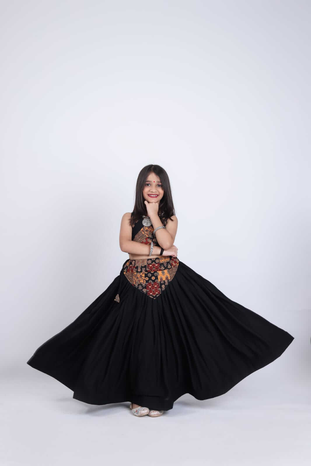 Girls Navratri Special Black Cotton Lehenga Choli Set with Traditional Print Yoke