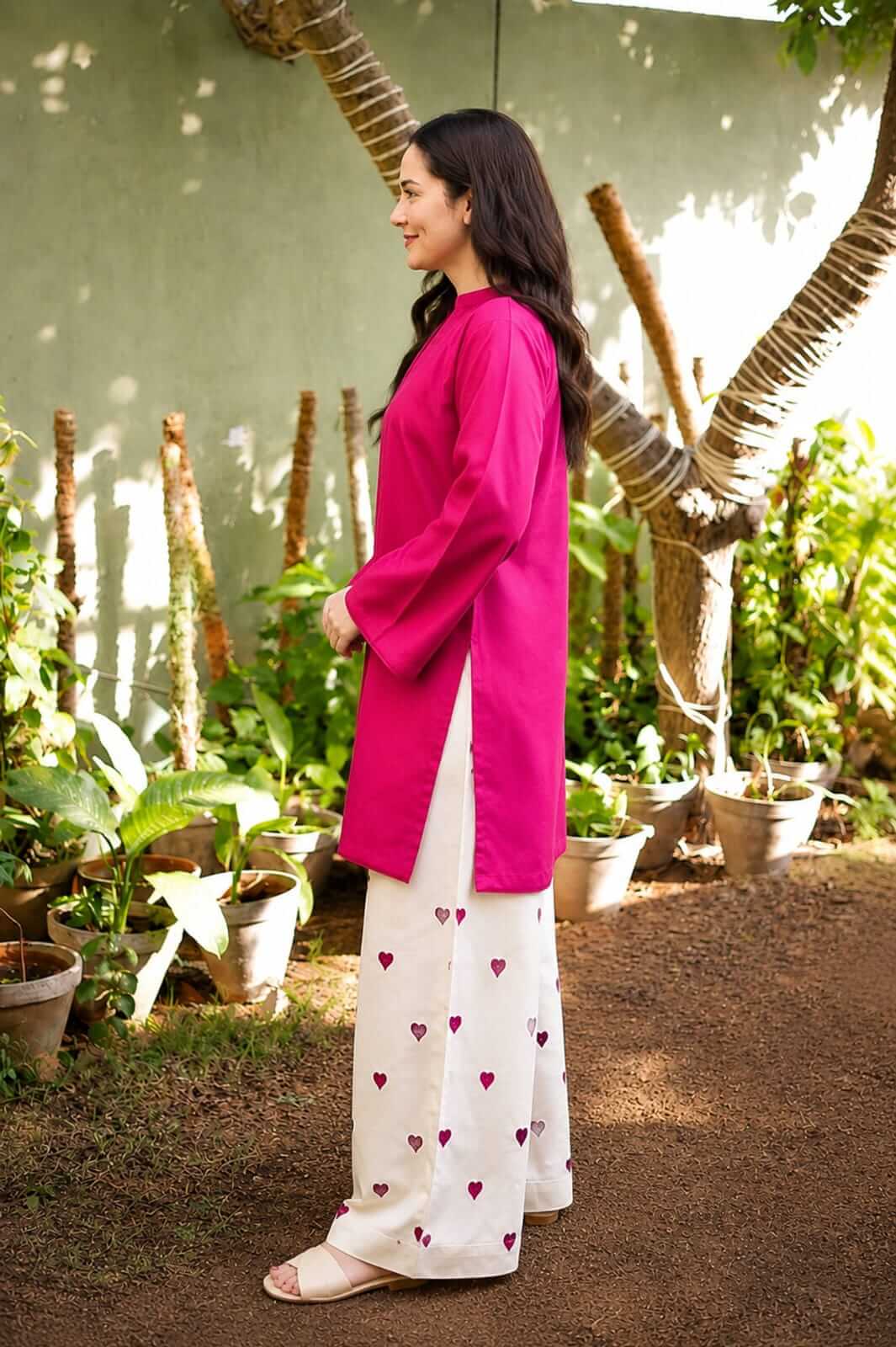 Hot Pink Short Cotton Tunic Co-Ord Set with Ivory Heart Embroidered Wide-Leg Pants