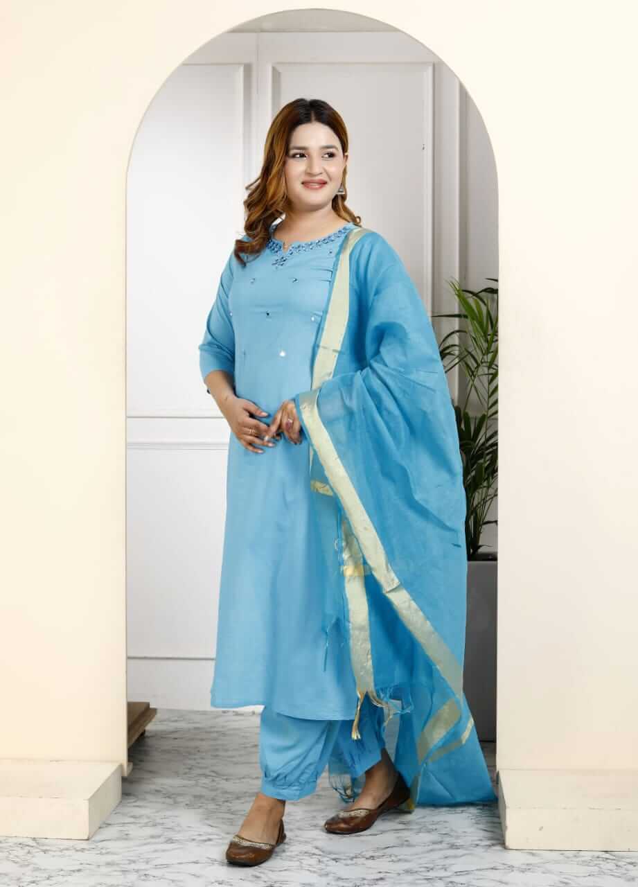 Women's Sky Blue Pure Cotton Embroidered Kurta Afghani Salwar Set with Dupatta – 3-Piece Traditional Ethnic Suit Set with Gold Zari Border
