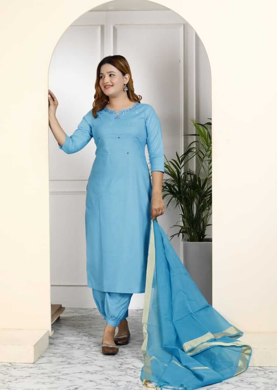 Women's Sky Blue Pure Cotton Embroidered Kurta Afghani Salwar Set with Dupatta – 3-Piece Traditional Ethnic Suit Set with Gold Zari Border