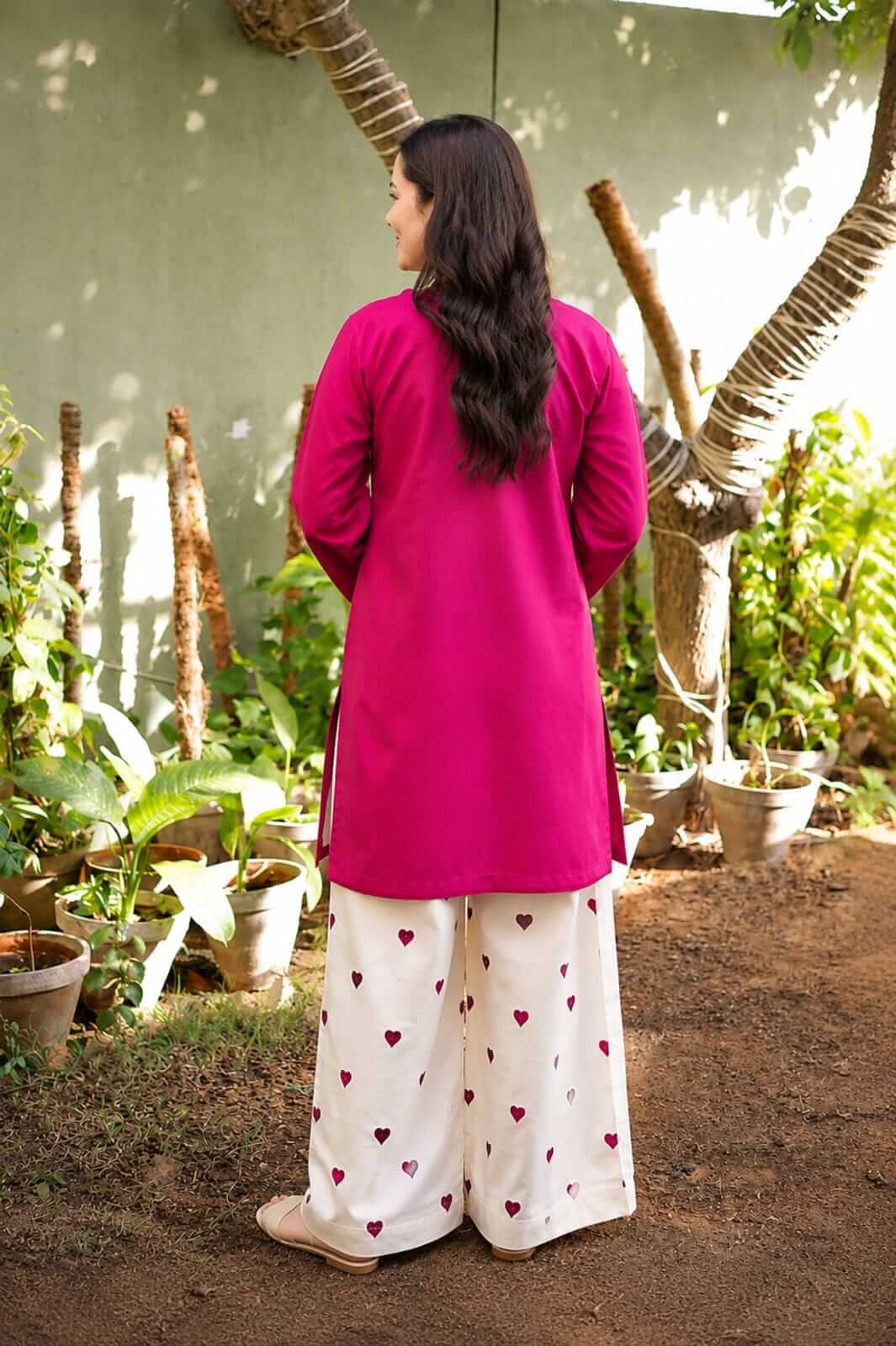 Hot Pink Short Cotton Tunic Co-Ord Set with Ivory Heart Embroidered Wide-Leg Pants