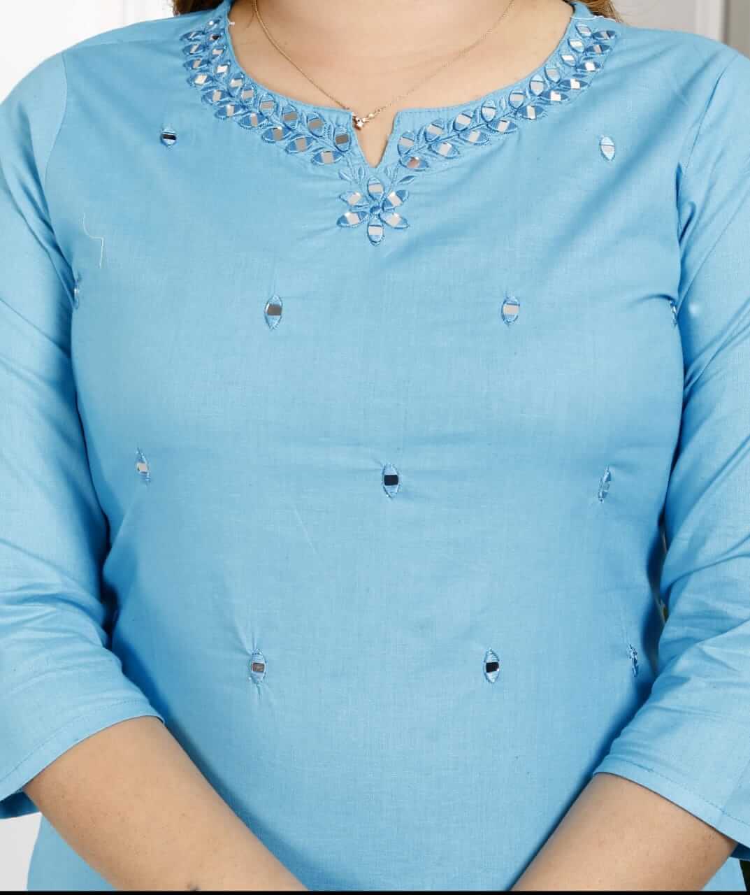 Women's Sky Blue Pure Cotton Embroidered Kurta Afghani Salwar Set with Dupatta – 3-Piece Traditional Ethnic Suit Set with Gold Zari Border