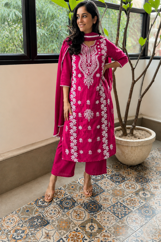 Women's Magenta Pink Embroidered Chikankari Kurta Pant Set with Dupatta – 3-Piece Cotton Mulmul Straight Lucknowi Suit Set