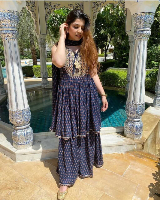 Premium Cotton Floral Printed Short Anarkali Kurta with Tiered Sharara and Dupatta Set – Navy Blue Ethnic Embroidered Mirror Work 3-Piece Festive Outfit for Women