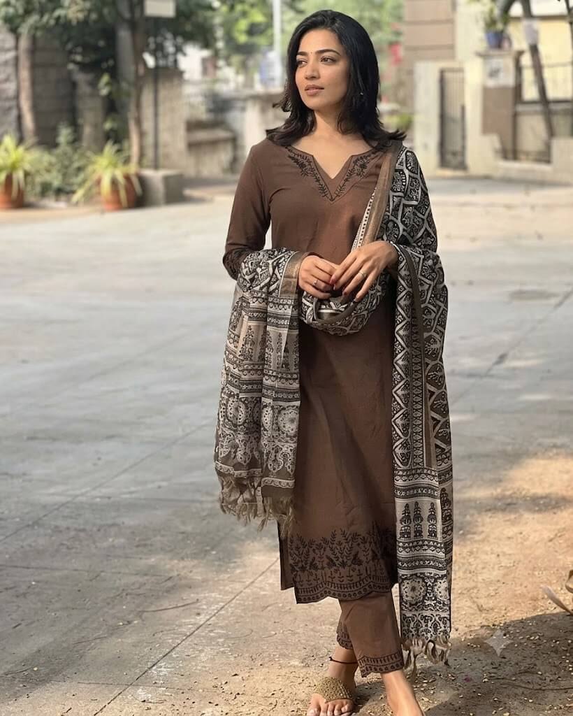 Chestnut Brown Cotton Block Printed Straight Kurta Set with Dupatta