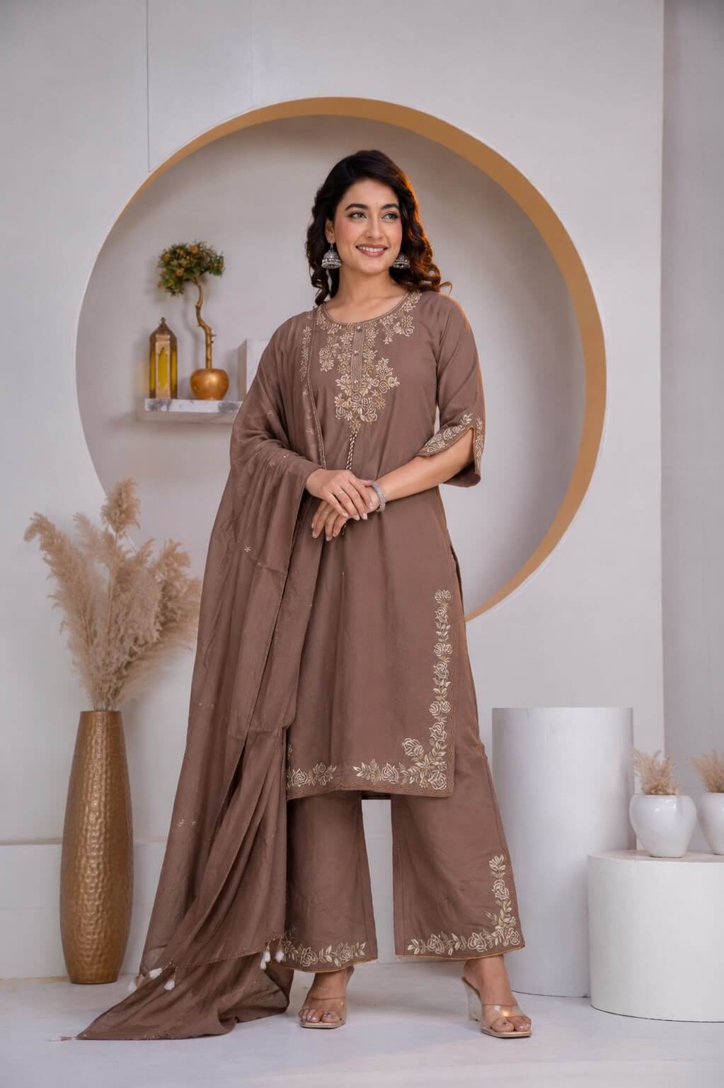 Taupe Brown Floral Embroidered Straight Kurta Set with Wide-Leg Pants & Dupatta