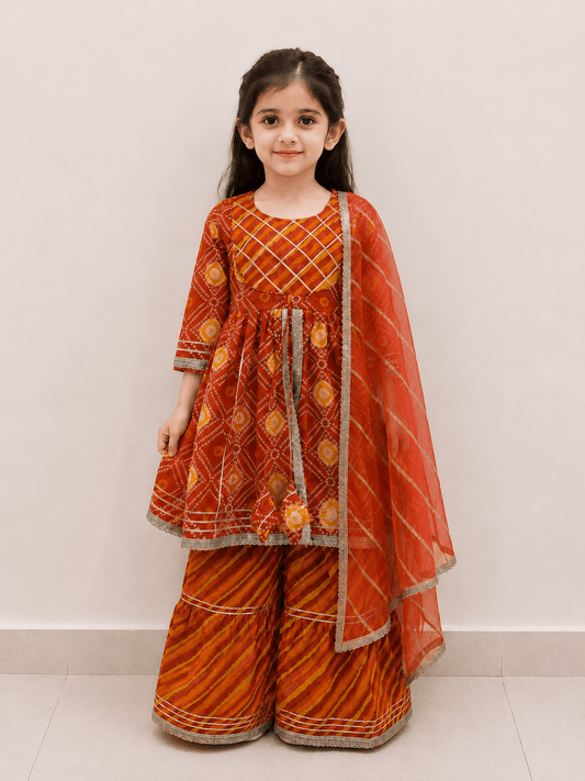 Girls Rust Orange Bandhani Print Peplum Kurti Sharara Set | Kids Gota Patti Traditional Festive Wear Suit with Dupatta