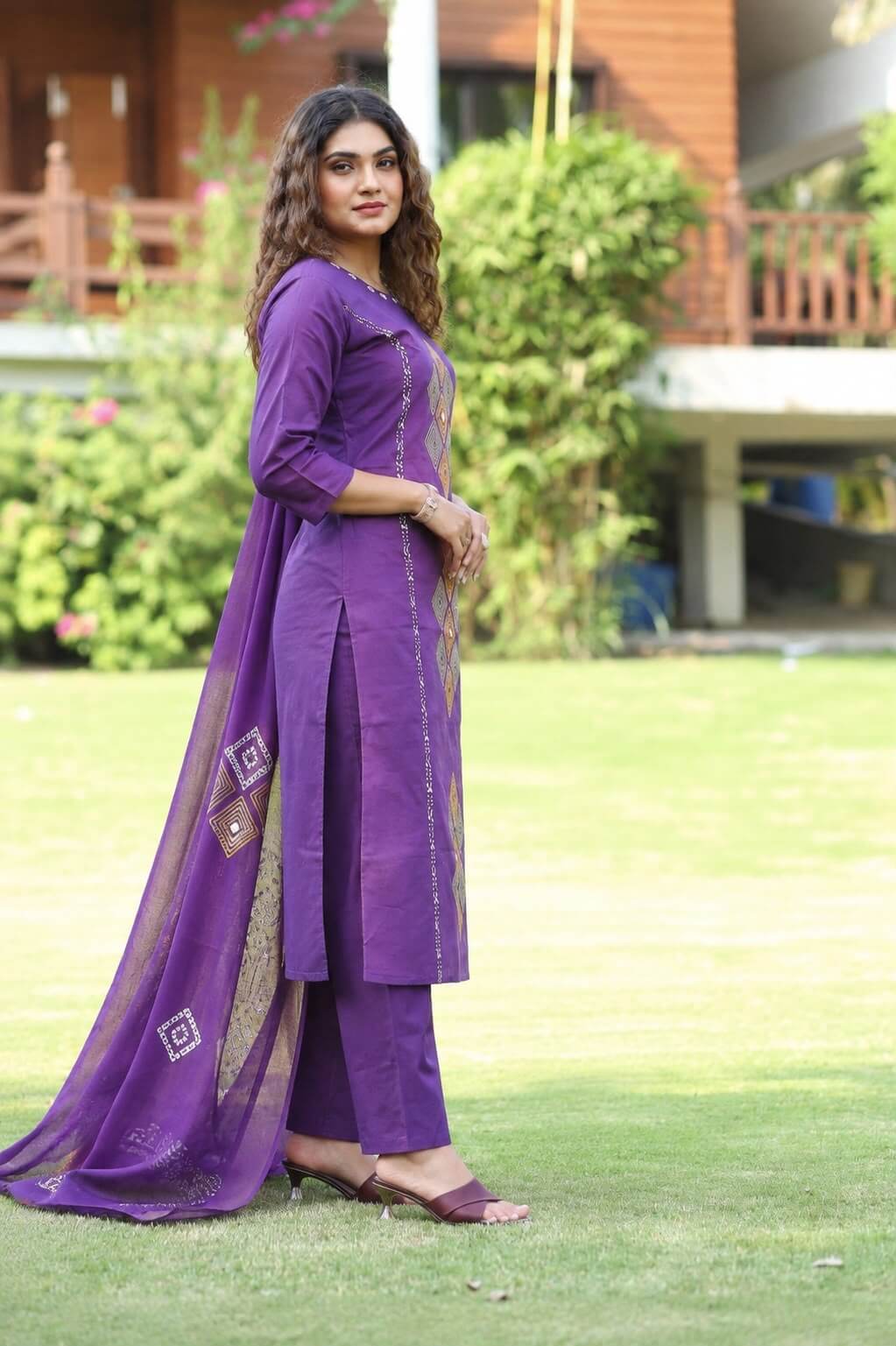 Royal Purple Straight Kurta Set with Geometric Thread Embroidery, Trousers & Dupatta