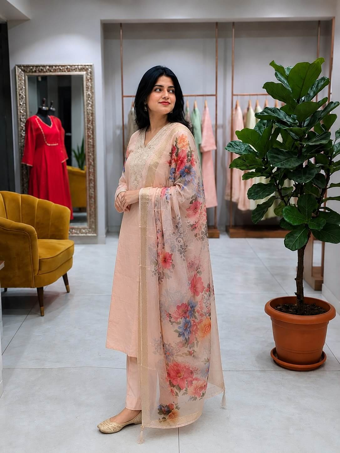 Peach Silk Chanderi Kurta Set with Zari Embroidered V-Neck & Floral Organza Dupatta