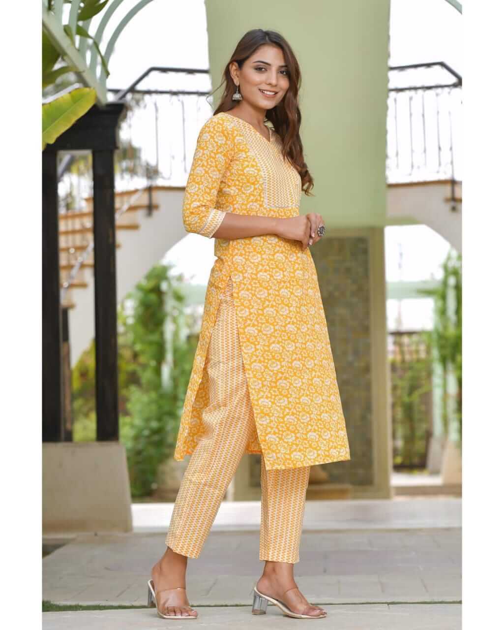 Women's Yellow Pure Cotton Floral Printed Straight Kurti Pant Set – 2-Piece Jaipuri Cotton Suit Set with Chevron Yoke and Lupi Buttons